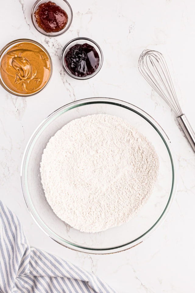 Dry ingredients in glass mixing bowl