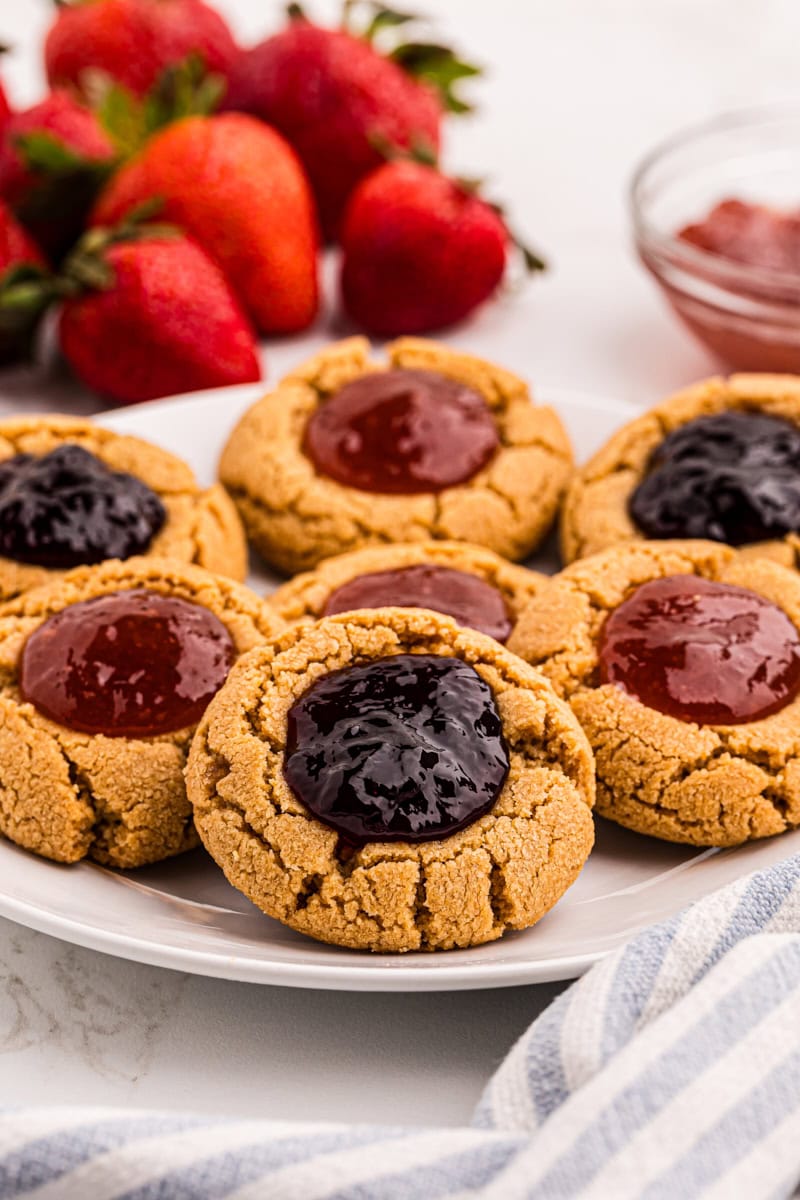 Plate of peanut butter and jelly thumbprint cookies