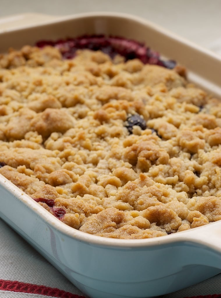 Mixed Berry Cobbler in a blue baker