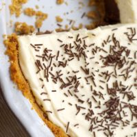 overhead view of Chocolate Cookie Dough No-Bake Cheesecake in a pie plate