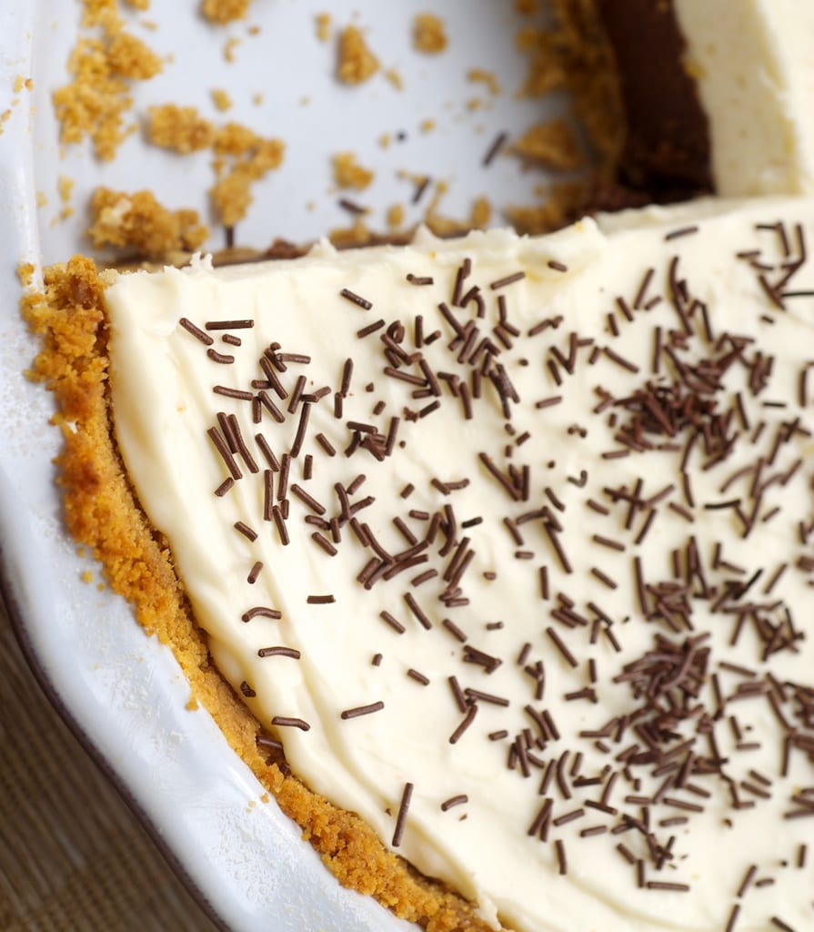 overhead view of Chocolate Cookie Dough No-Bake Cheesecake in a pie plate