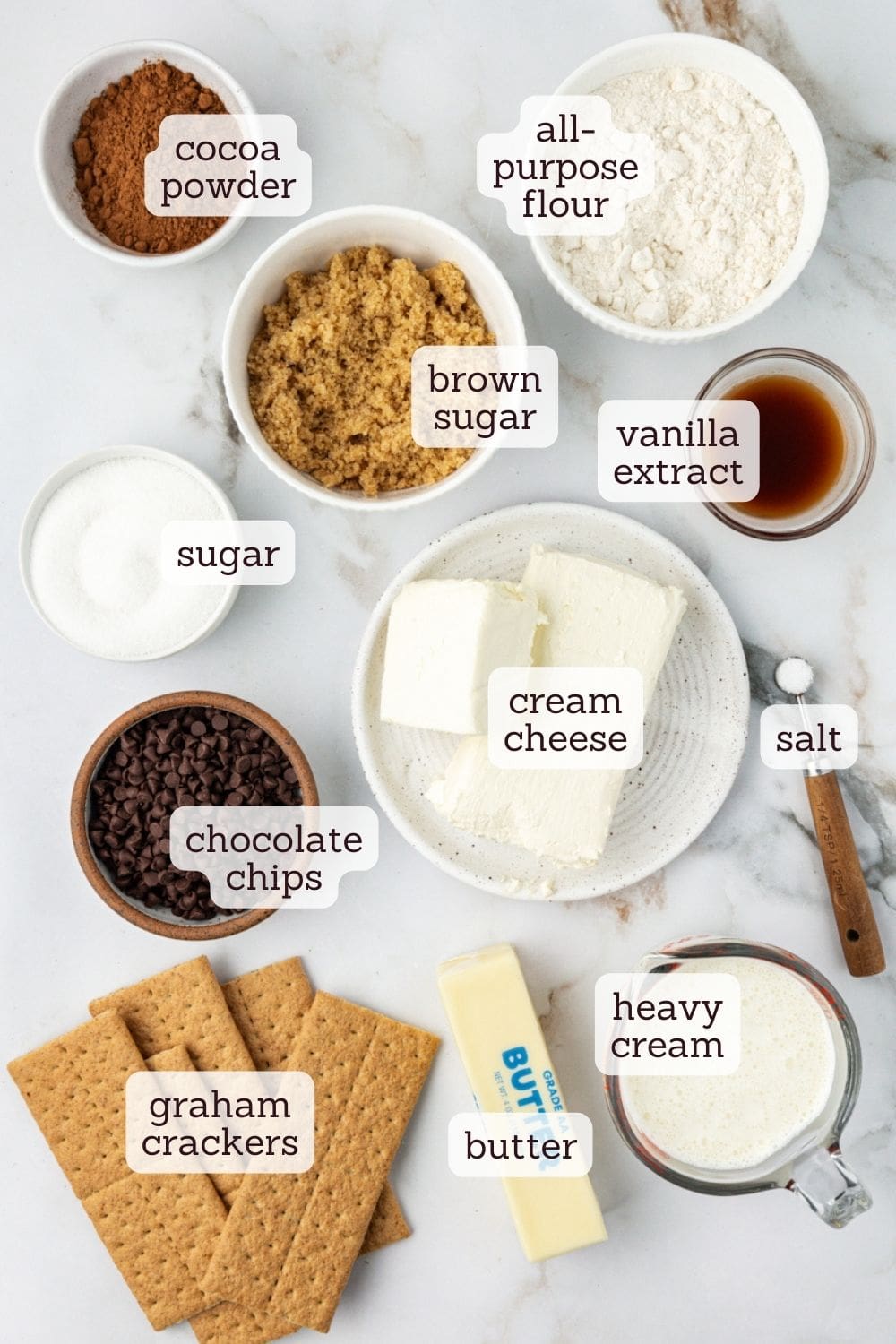 Overhead view of ingredients for chocolate cookie dough cheesecake with labels