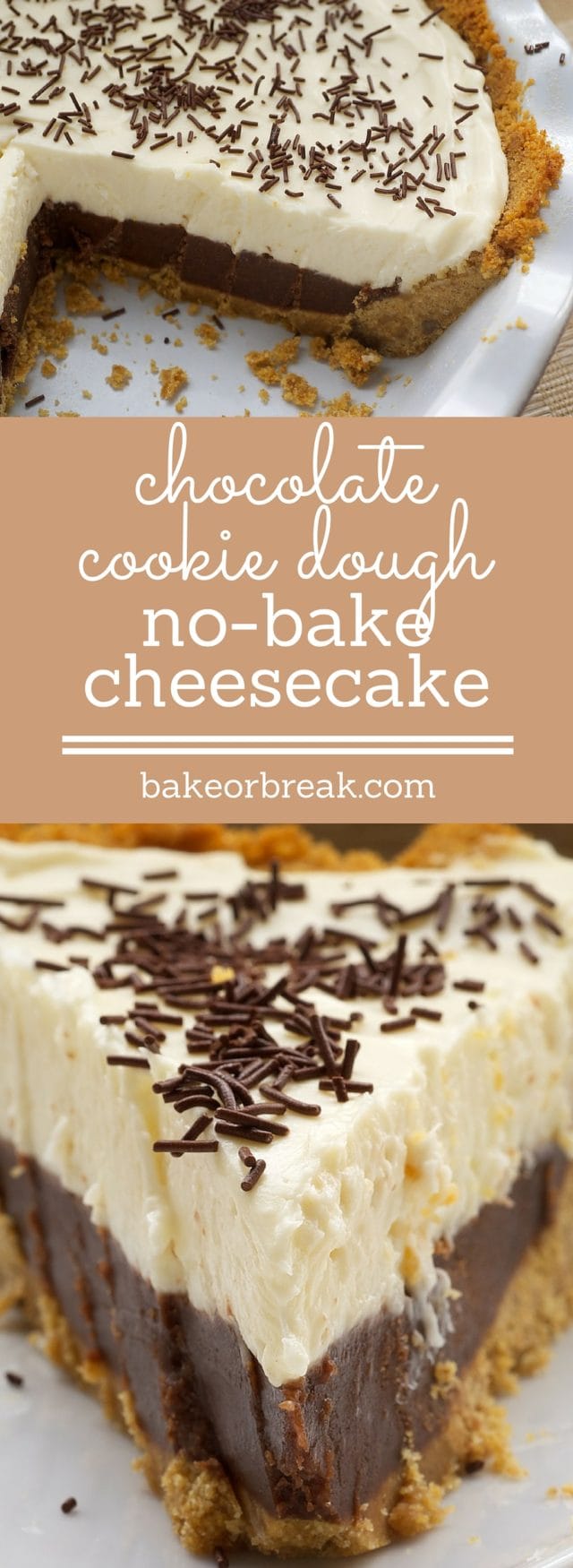 Cookie dough no bake cheesecake with graham cracker crust, and chocolate sprinkles on top.