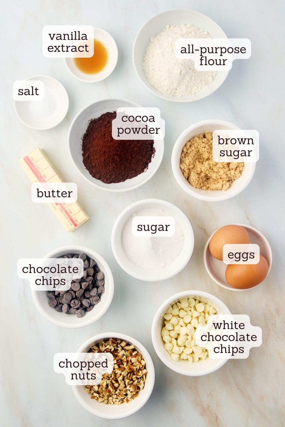 Overhead view of ingredients for triple chocolate brownies