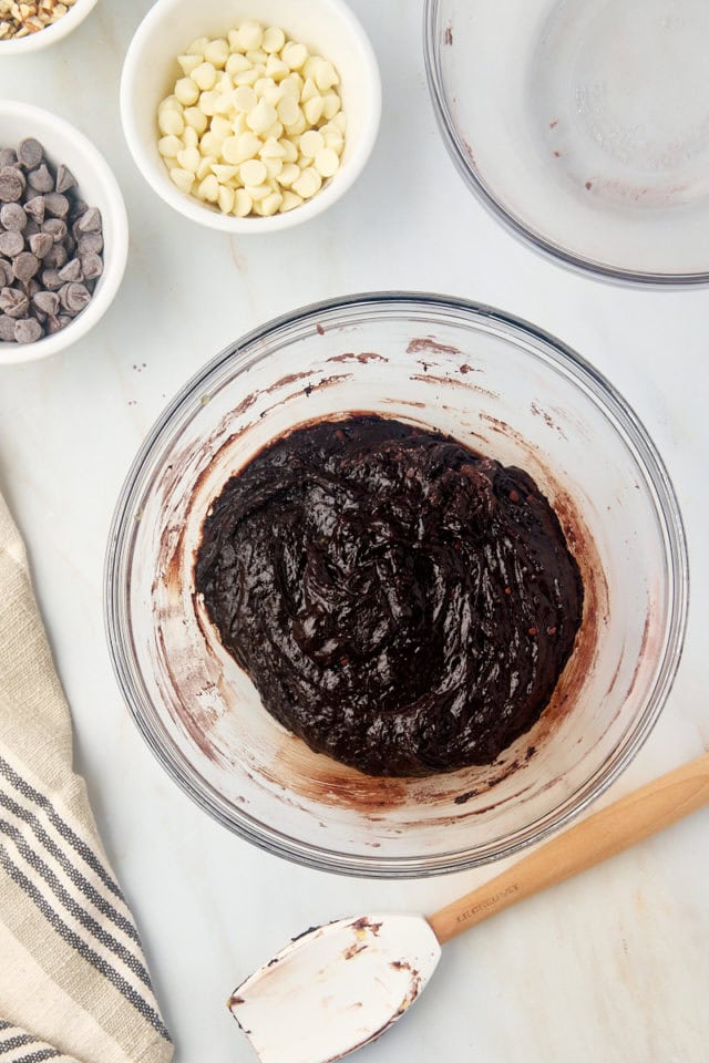 Overhead view of brownie batter in bowl