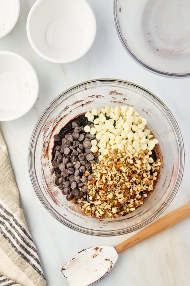 Overhead view of mix-ins added to brownie batter