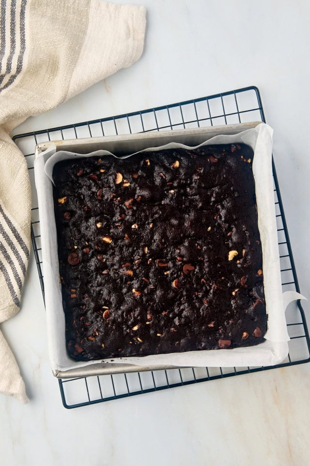 Overhead view of triple chocolate brownies in pan