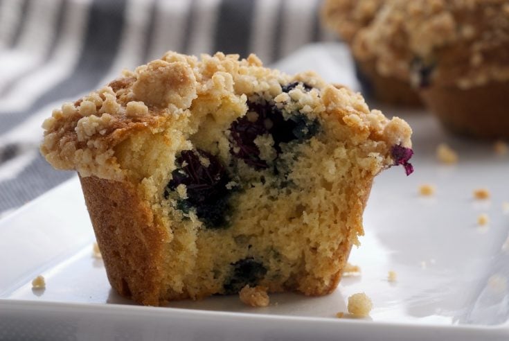Half of a Blueberry Crumb Muffin on a white plate.
