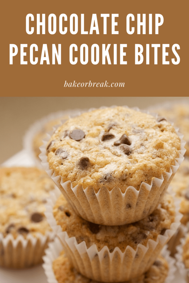 Chocolate chip pecan cookie bites in mini cupcake wrappers.