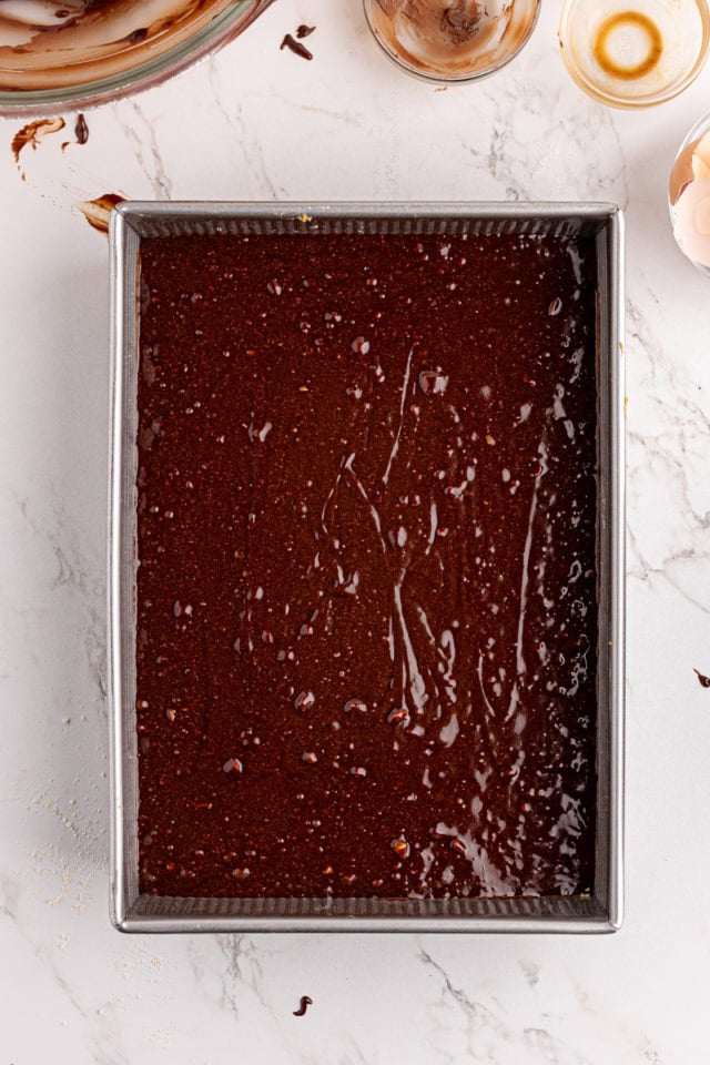 Overhead view of batter in pan for Nutella brownies