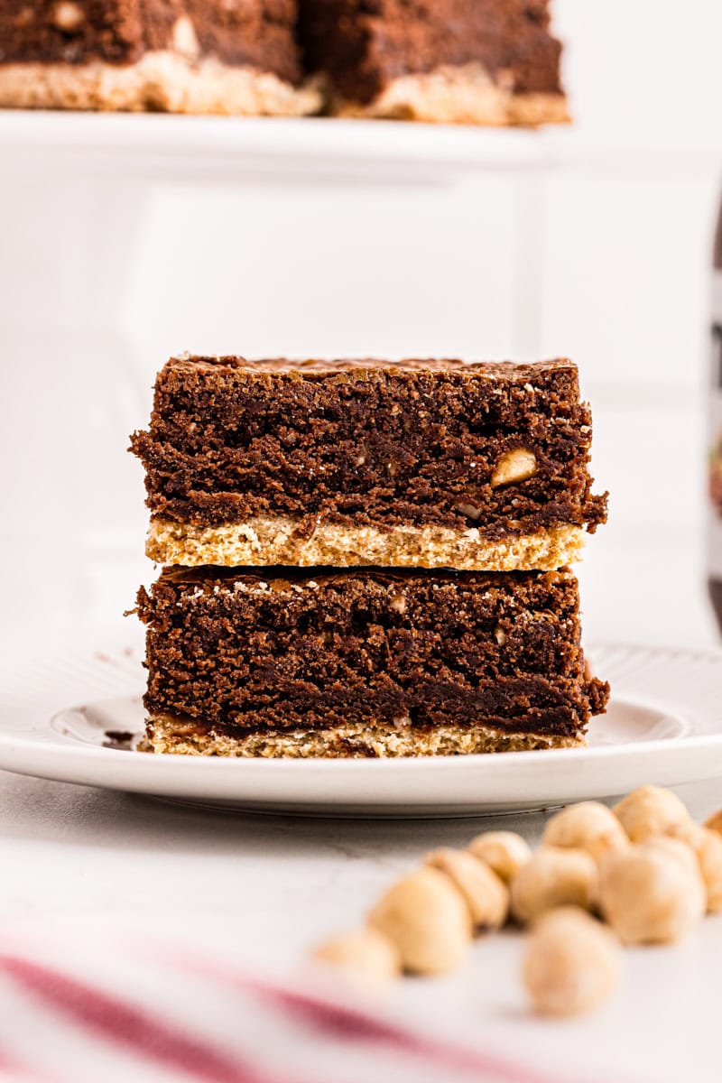 Two Nutella brownies stacked on plate