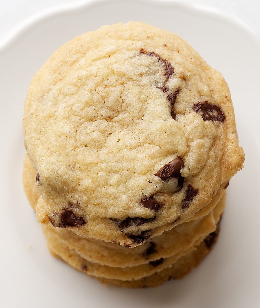 Brown Butter Salted Chocolate Chip Cookies stacked on a white plate