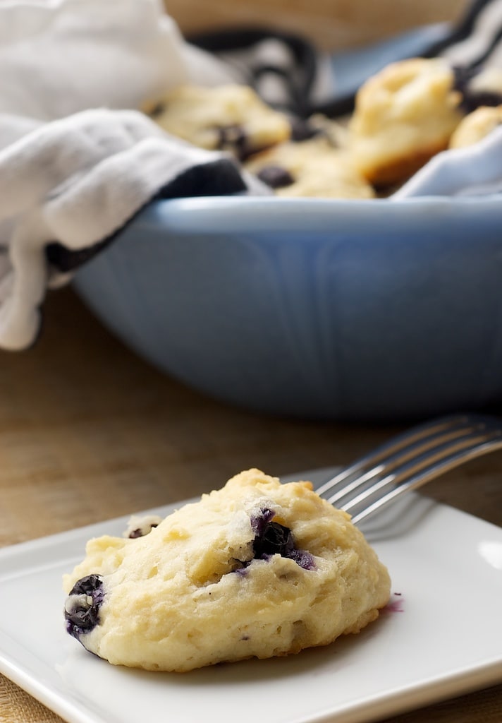 Blueberry Sour Cream Drop Biscuits on a white plate