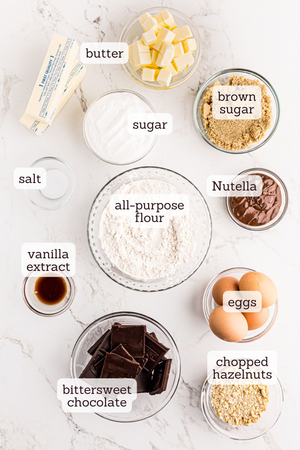 Overhead view of ingredients for Nutella brownies with labels