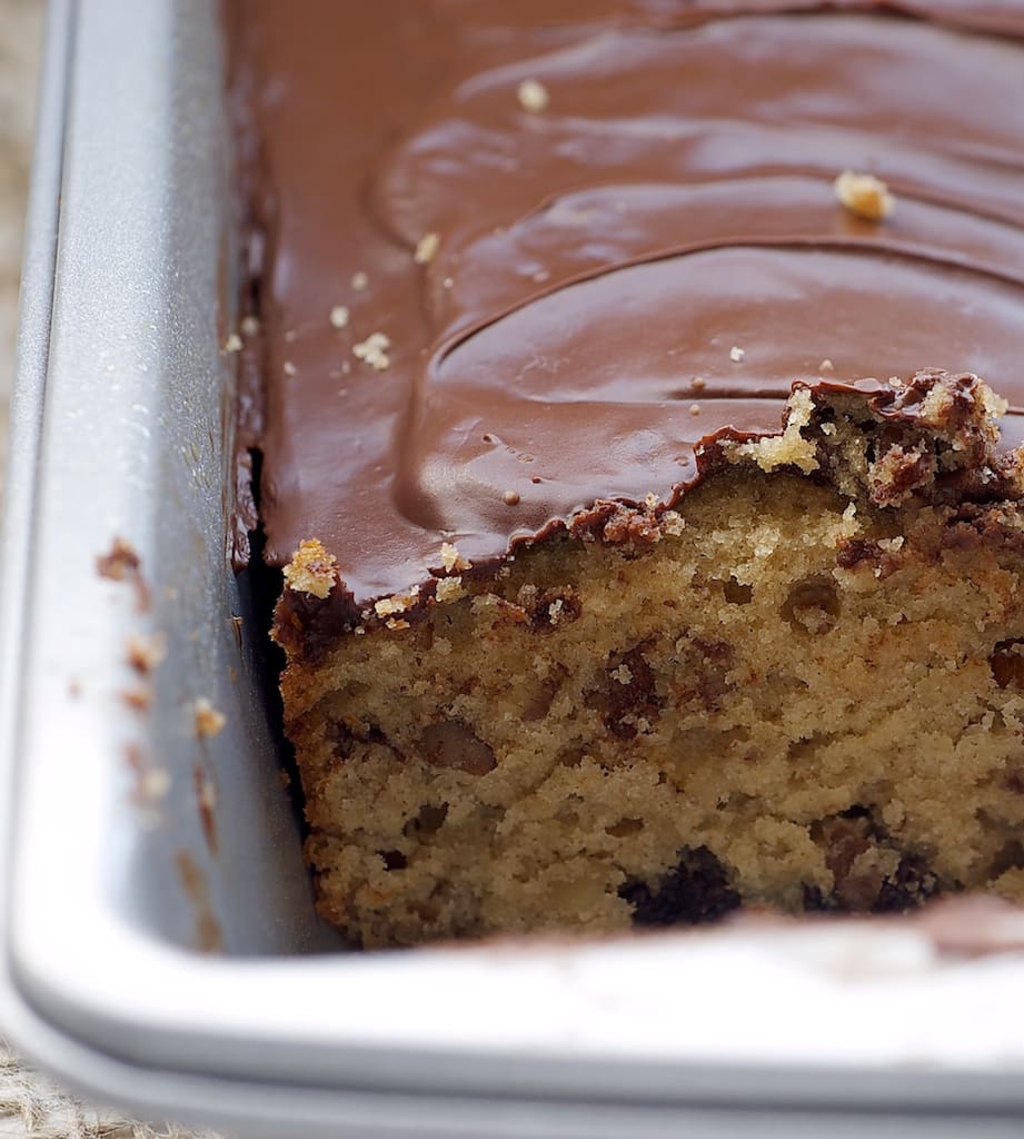 Chocolate Chip Snack Cake in a metal baking pan