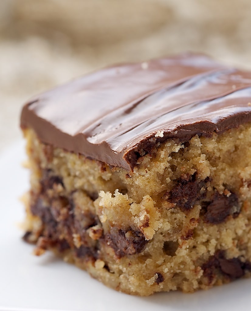 slice of Chocolate Chip Snack Cake on a white plate