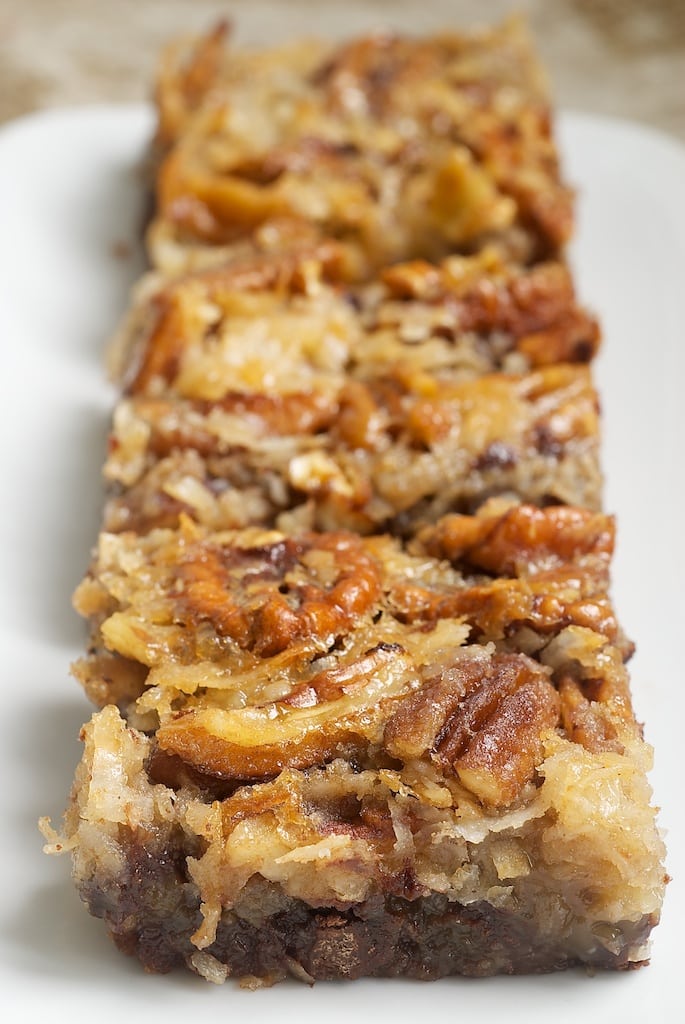 German Chocolate Pecan Pie Bars served on a plate