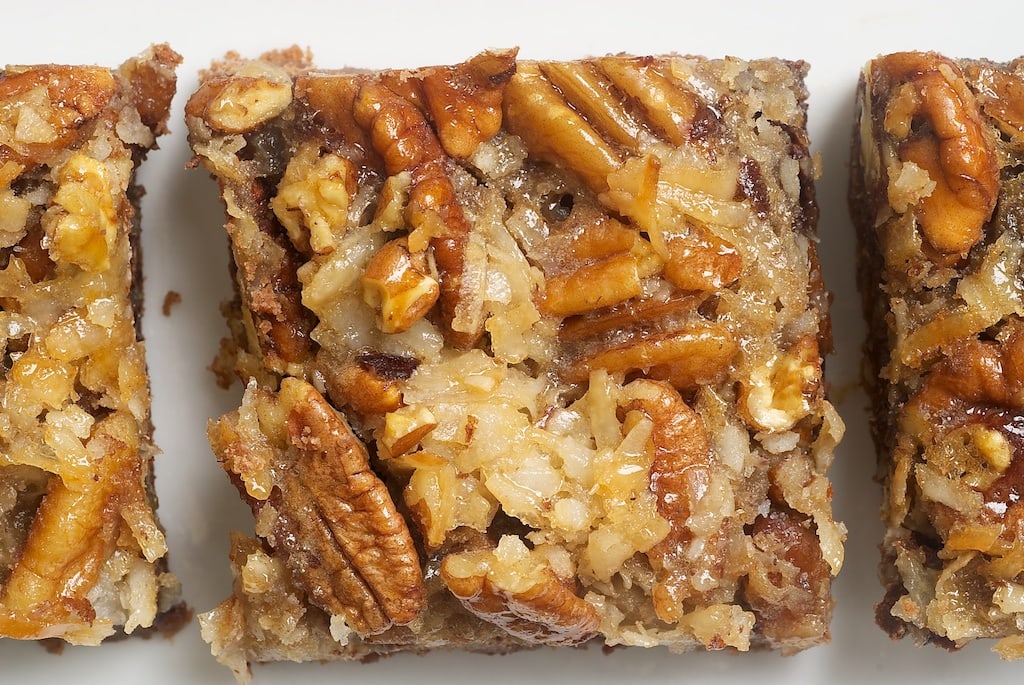 German Chocolate Pecan Pie Bars served on a plate