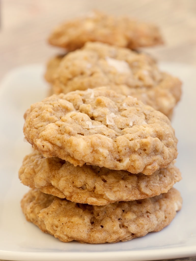 stacks of Salted Vanilla Chip Oatmeal Cookies