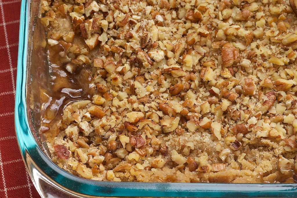 Apple Pecan Cobbler features plenty of sweet, spiced apple pie filling underneath a crunchy, nutty topping. - Bake or Break