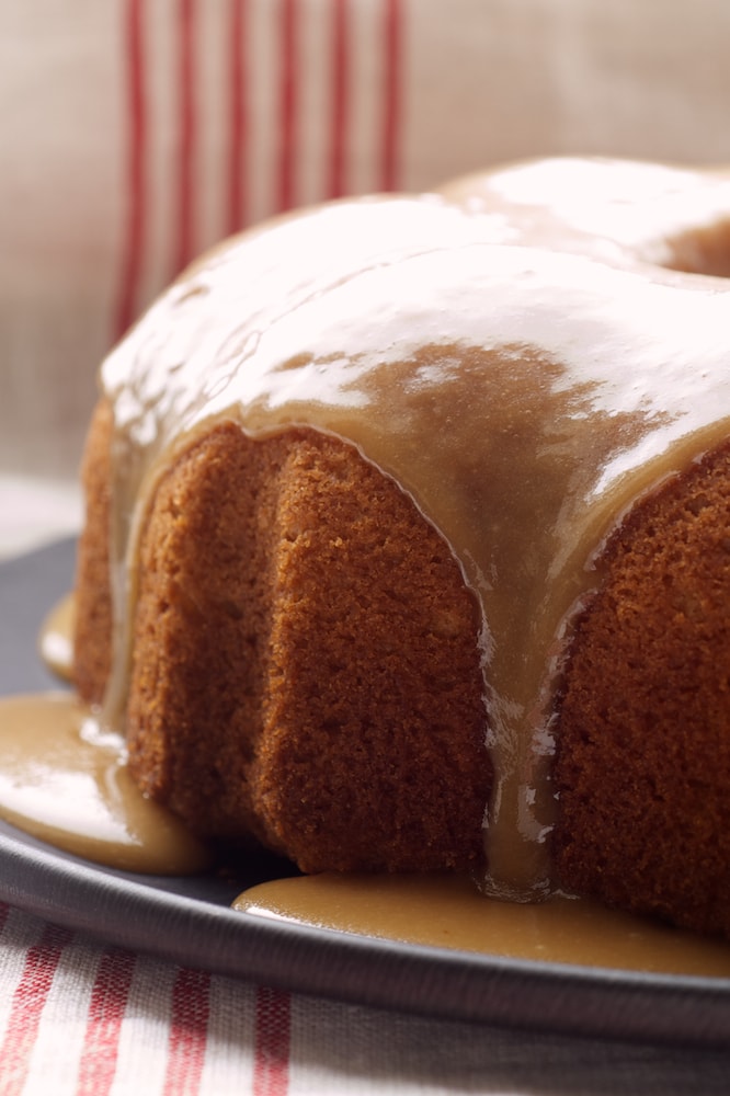 A sweet, brown sugar-y cake topped with a simple caramel glaze - Caramel Bundt Cake at Bake or Break