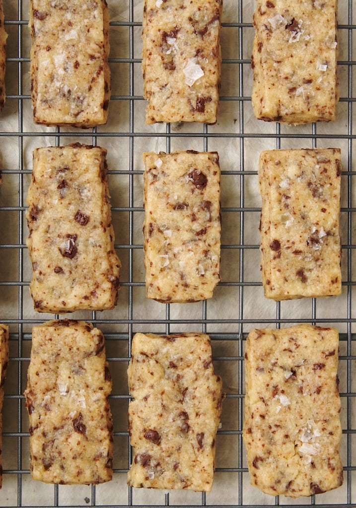 Chocolate chunk shortbread cookies with sea salt.