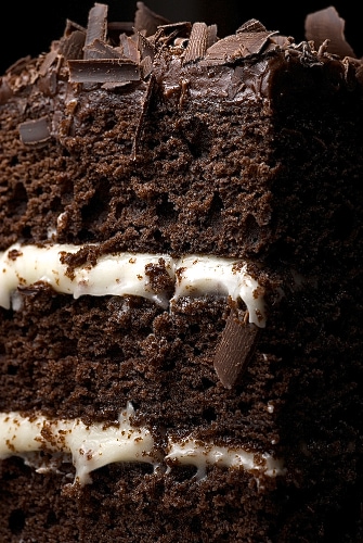 Chocolate Cake with Cream Cheese Frostings and shaved chocolate on top.