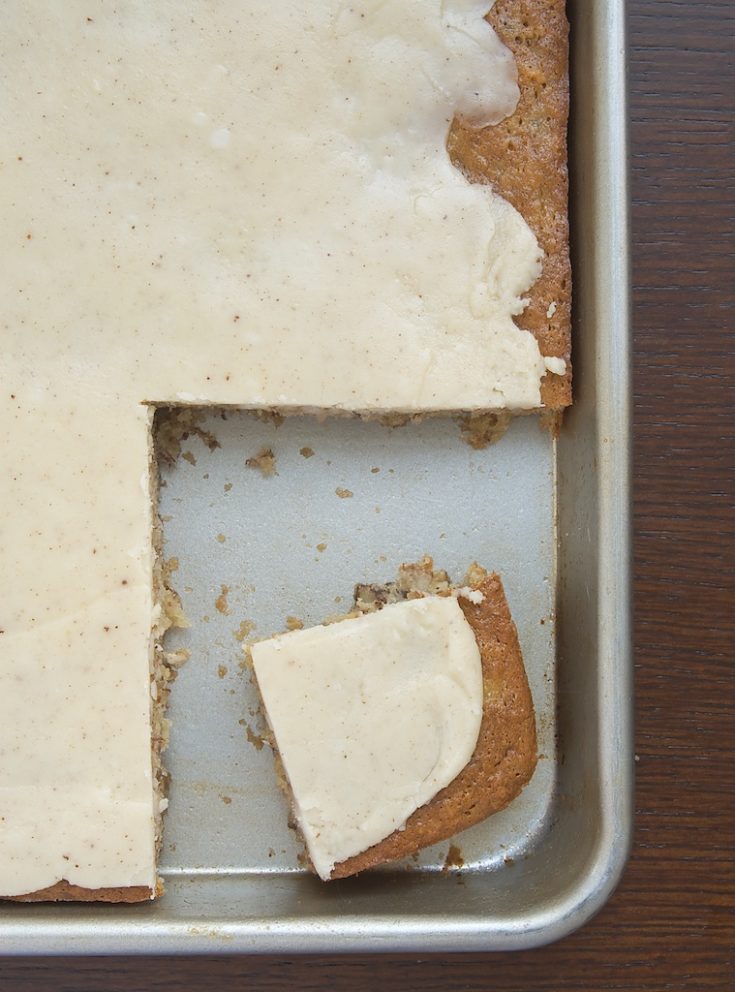 overhead view of Banana Bars with Browned Butter Icing in a half sheet pan