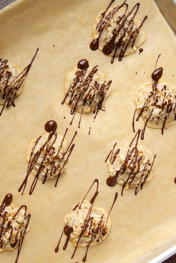 Coconut pecan macaroons on a tray.