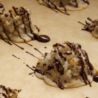 Coconut pecan macaroons drizzled with chocolate.