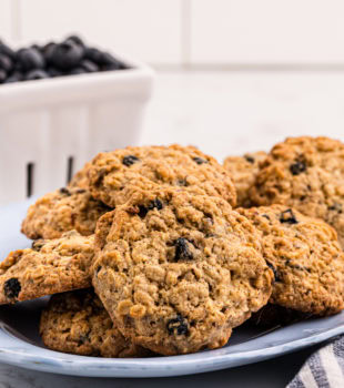 Chewy blueberry oatmeal cookies on platter