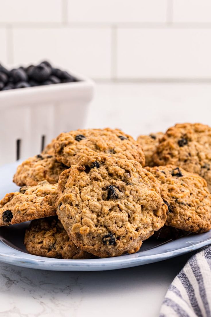 Chewy blueberry oatmeal cookies on platter