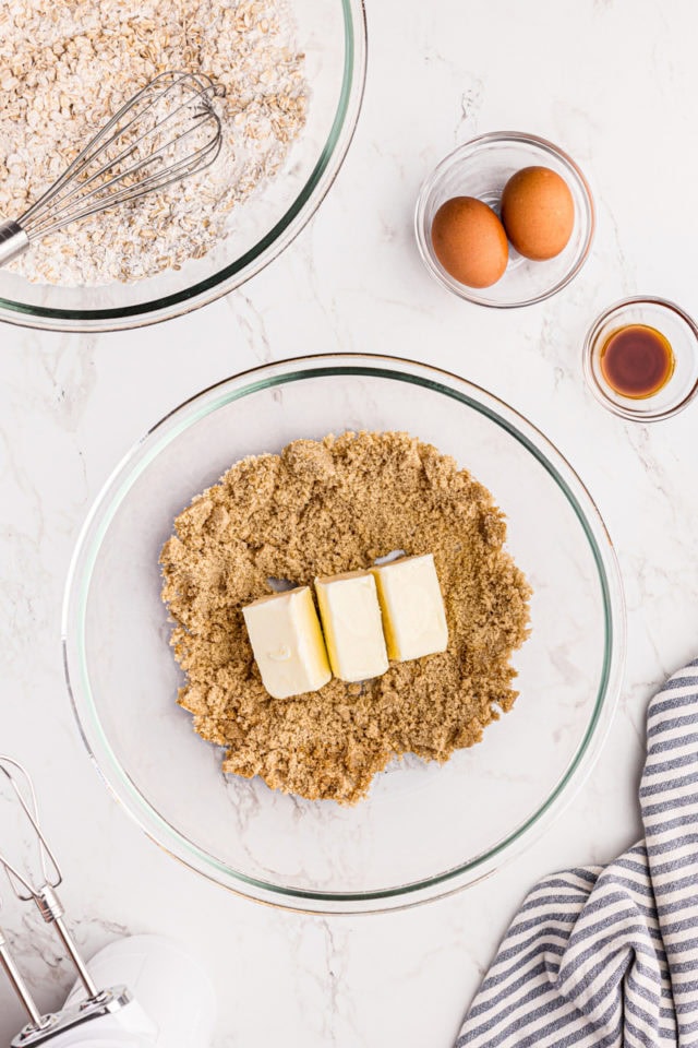 Butter and brown sugar in mixing bowl