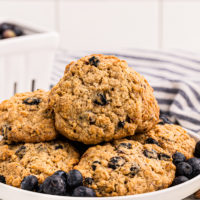 Plate of chewy blueberry oatmeal cookies