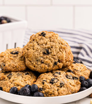 Plate of chewy blueberry oatmeal cookies