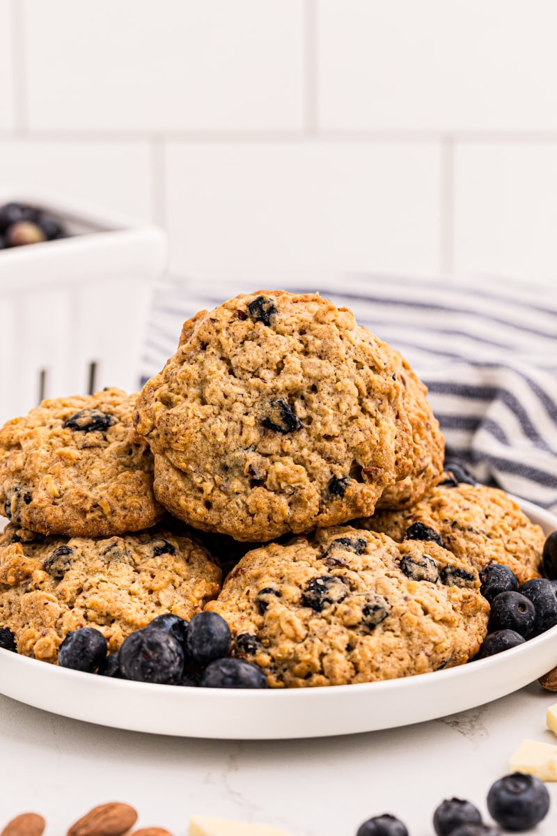 Plate of chewy blueberry oatmeal cookies