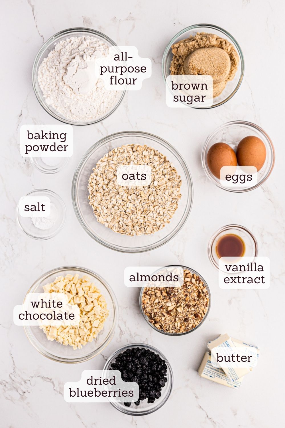 Overhead view of ingredients for blueberry oatmeal cookies