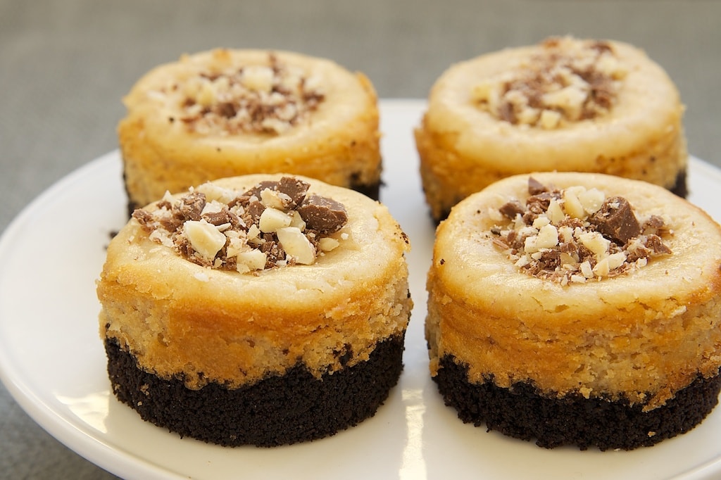 Peanut Butter Mini Cheesecakes with Chocolate Cookie Crust are sweet, nutty, bite-size desserts with big chocolate and peanut butter flavor.