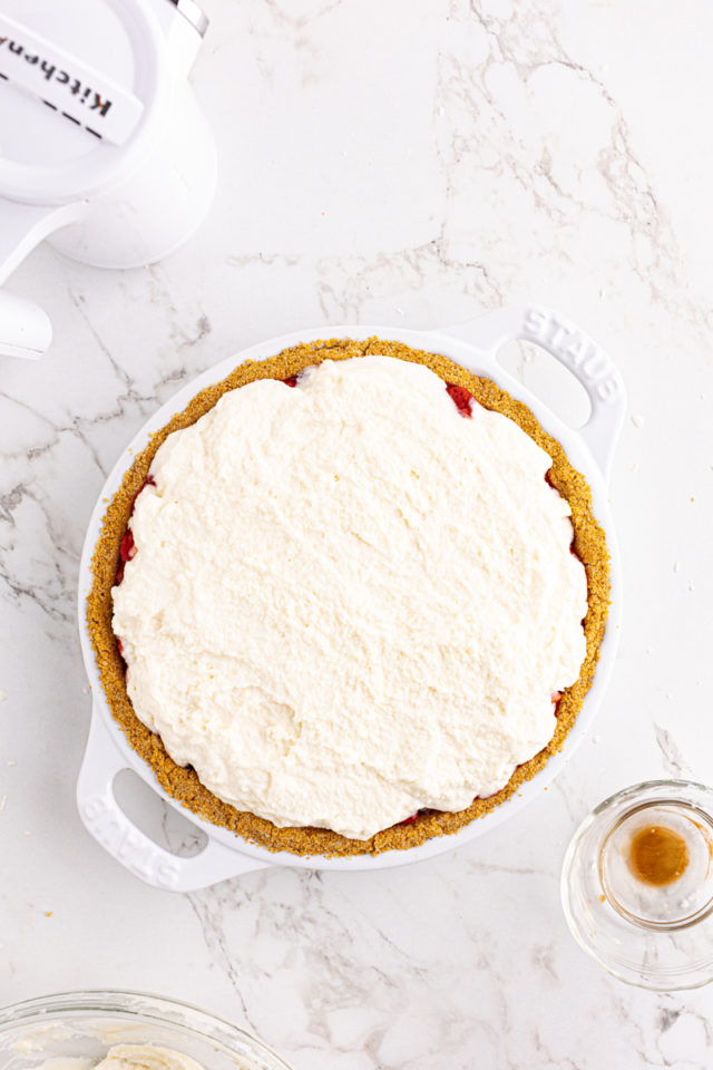 Overhead view of strawberry icebox pie in dish