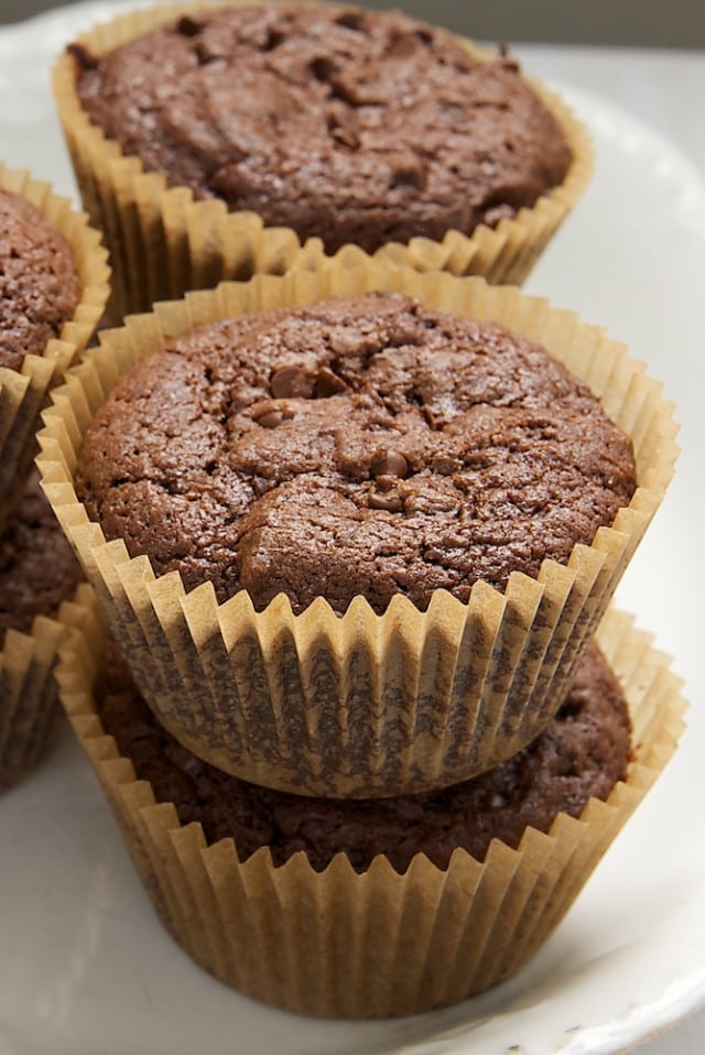 Mocha Muffins stacked on a plate