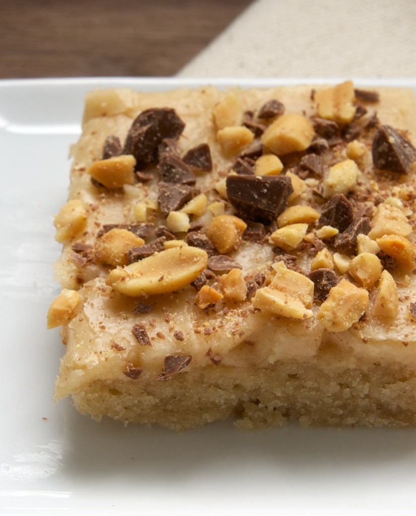 Peanut Butter Texas Sheet Cake topped with peanuts and chocolate