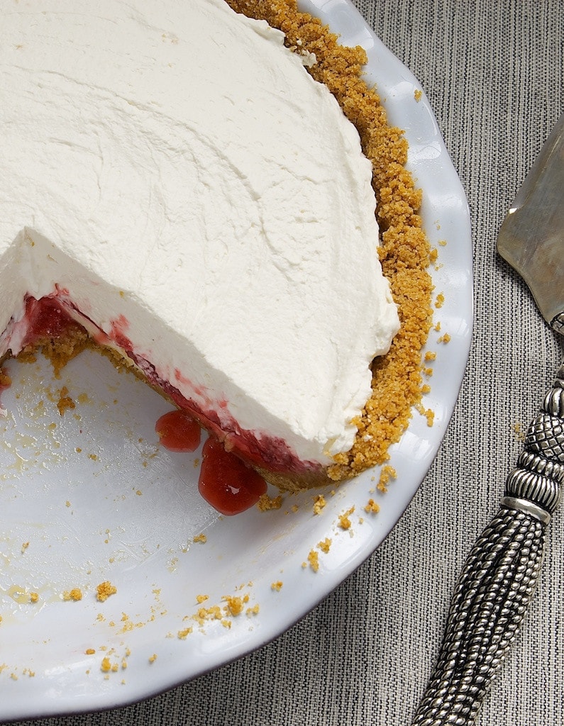 overhead view of Strawberry Icebox Pie in a white pie plate