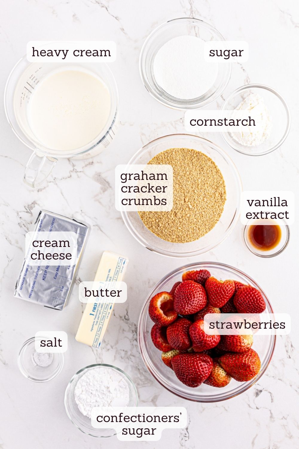 Overhead view of ingredients for strawberry icebox pie