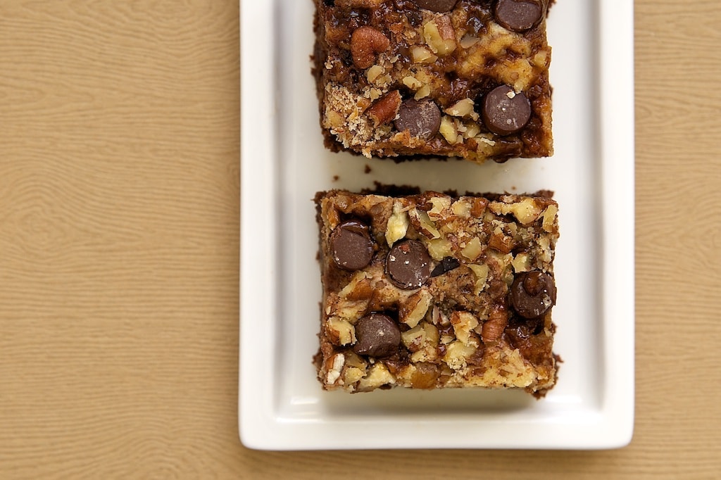 Overhead view of 2 toffee pecan cream cheese brownies