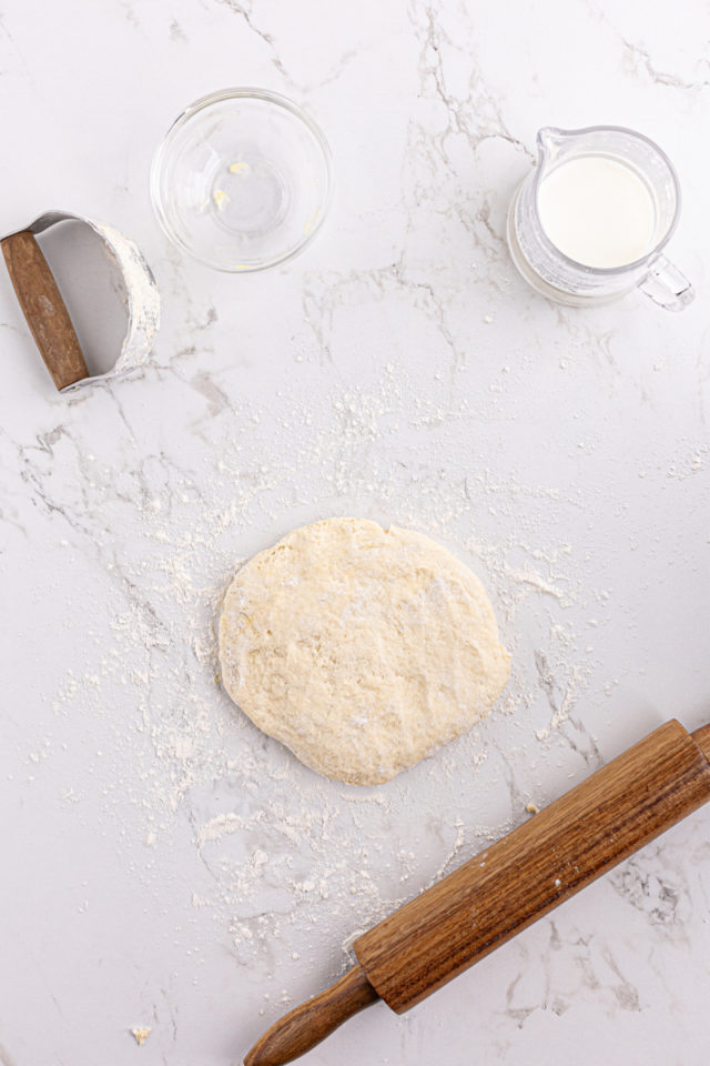 Biscuit dough on floured work surface