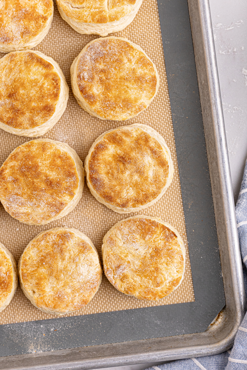 Overhead view of buttermilk biscuits on pan