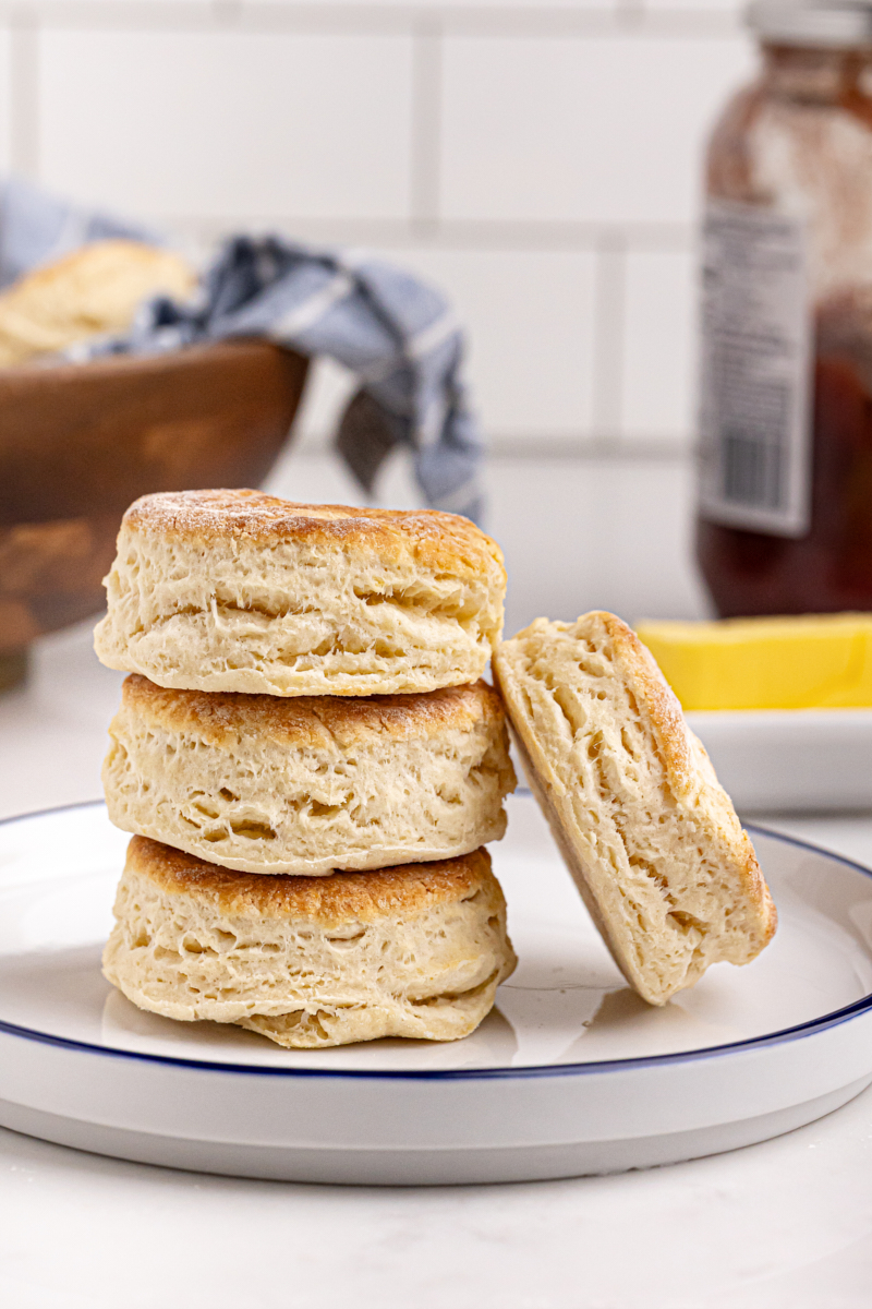 Stack of homemade buttermilk biscuits on plate