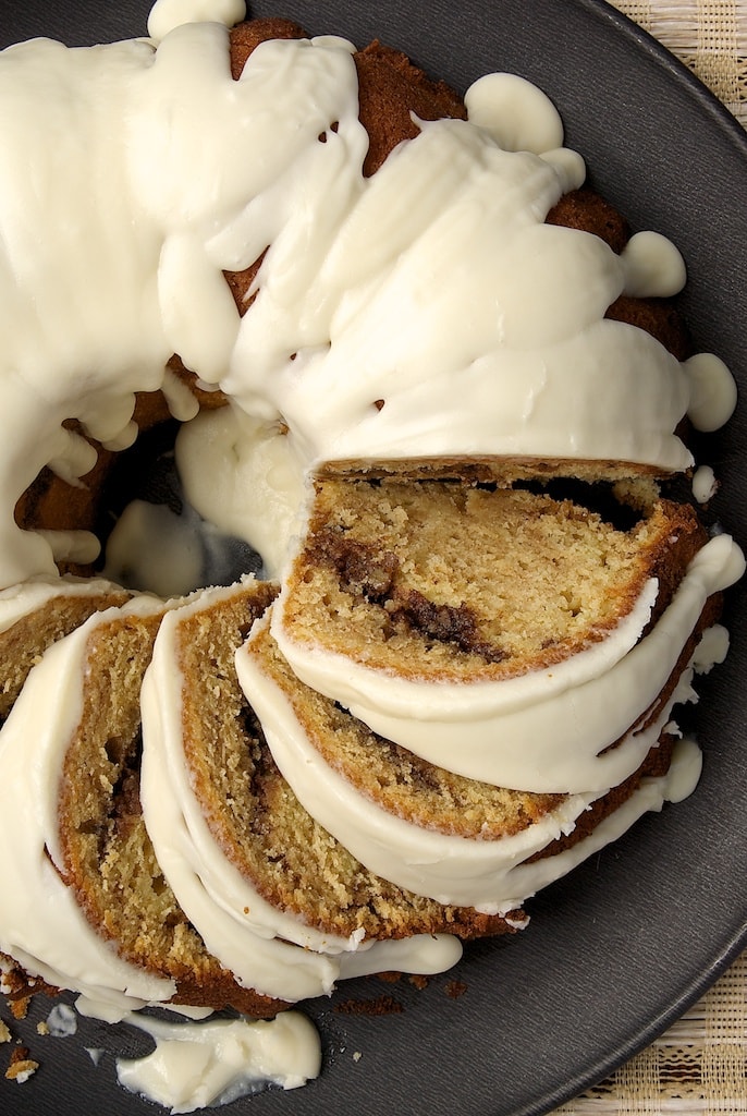 Cinnamon Roll Cake topped with a sweet glaze