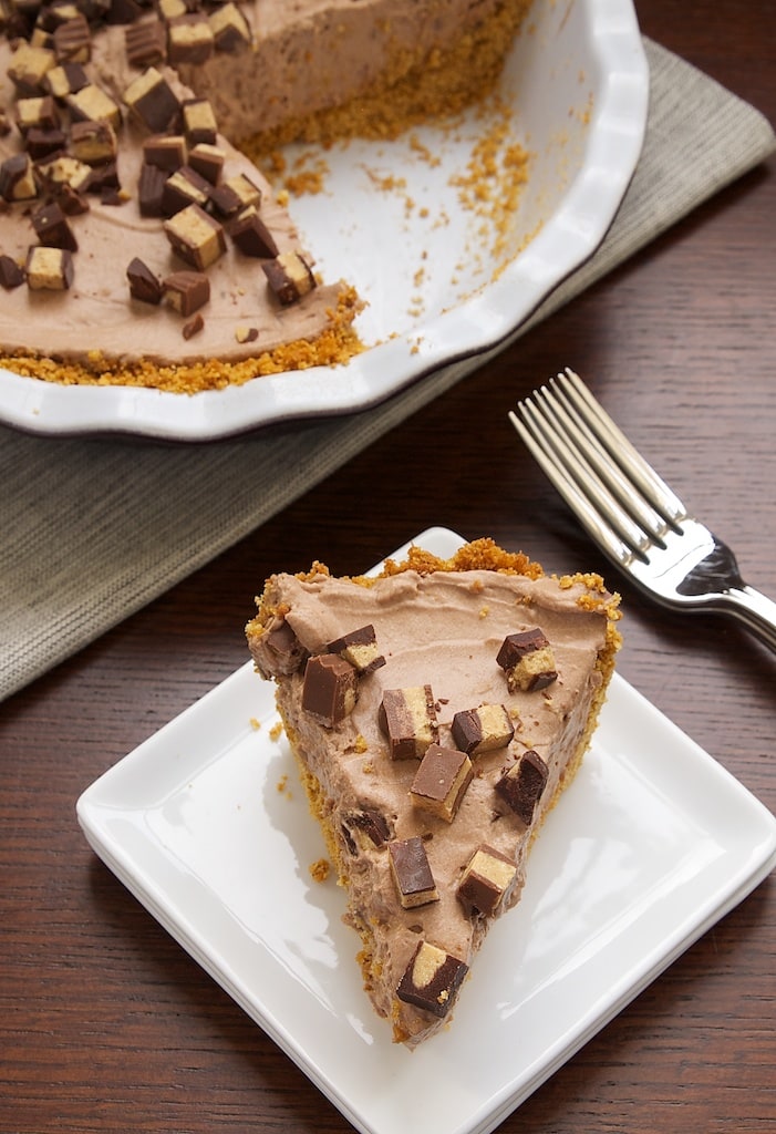 slice of Chocolate-Peanut Butter Cup Icebox Pie on a square white plate