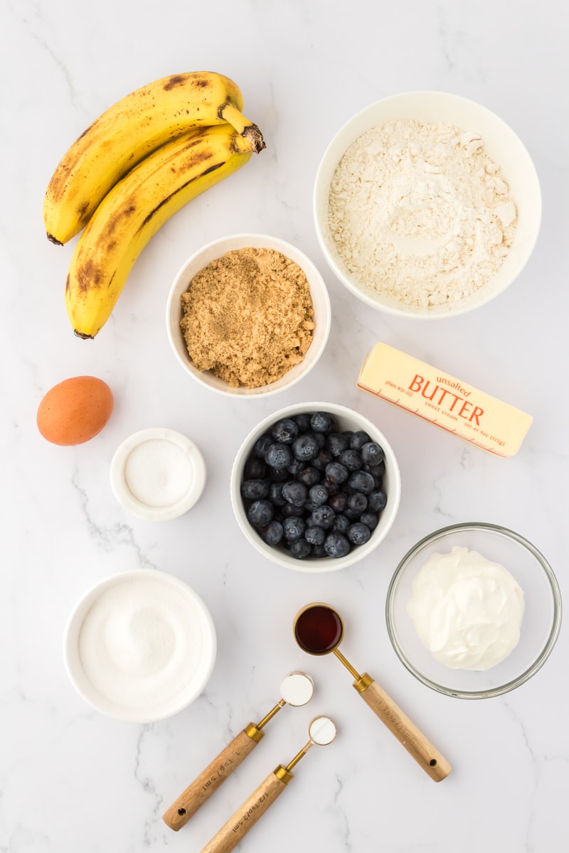 Ingredients for blueberry banana bread.